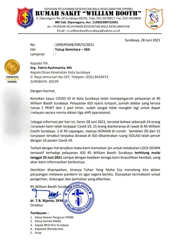 Surat RS William Booth kepada Dinkes Surabaya.