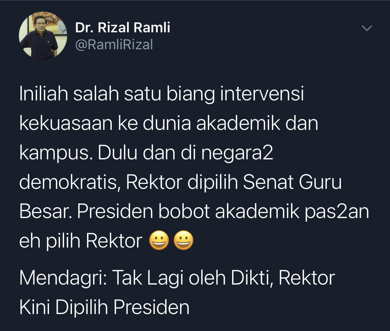 Rizal Ramli menyoroti kebijakan soal penunjukkan rektor oleh Presiden.