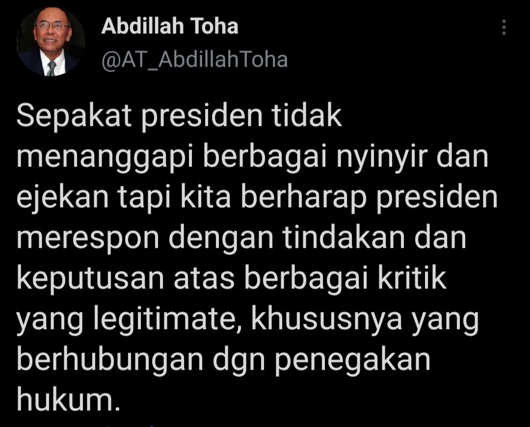 Abdillah Toha akui sepakat dengan sikap Presiden Jokowi atas nyinyiran dan ejekan yang diterima dirinya.