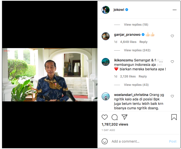 Postingan Jokowi yang ditanggapi Ganjar Pranowo.
