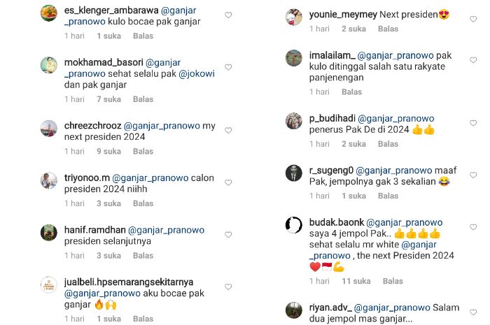 Komentar netizen pada respon Ganjar Pranowo untuk unggahan Presiden Jokowi.