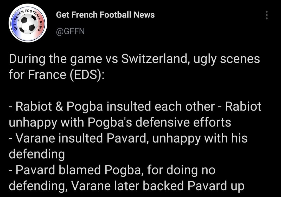 Cuitan akun Get French Football News yang kabarkan pemain Prancis saling menyalahkan satu sama lain usai tersingkir dari Euro 2020.