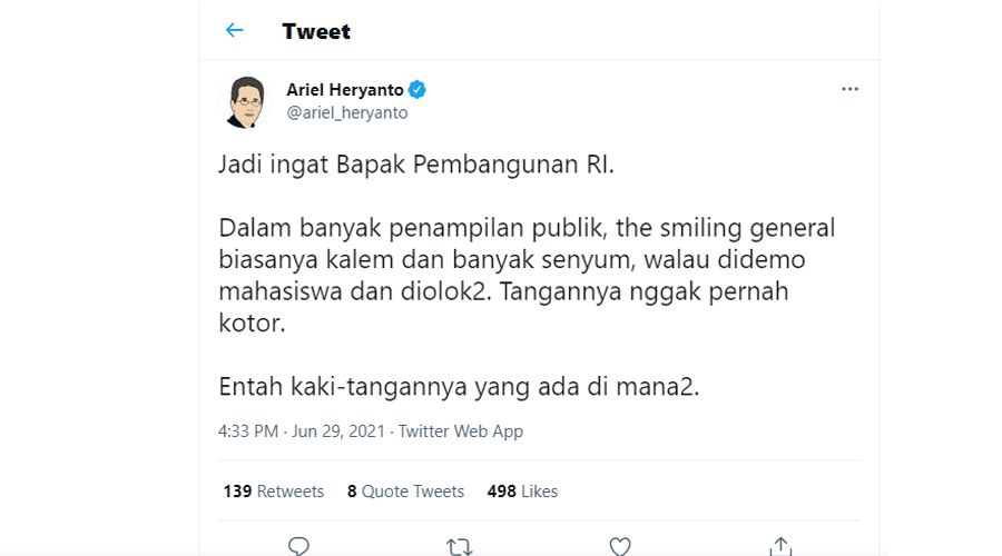 Menanggapi tanggapan dan klarifikasi dari Jokowi, Profesor Emeritus di Monash University, Australia, Profesor Ariel Heryanto, mengenang pemimpin otoriter Orde Baru, Suharto.