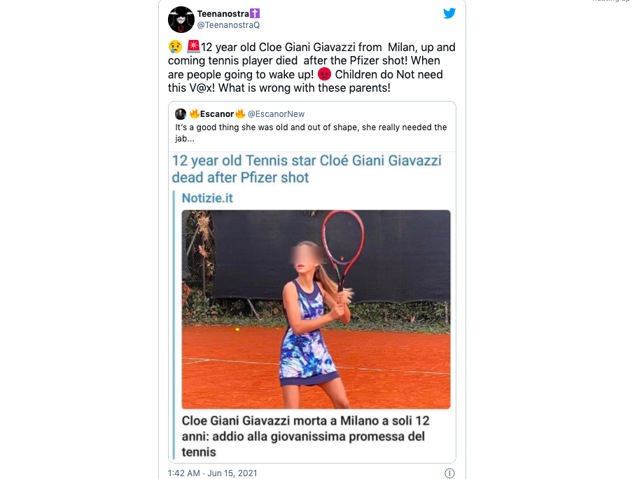 Kabar hoaks disebarkan terkait kematian sosok petenis muda Italia, Cloe Giani Giavazzi