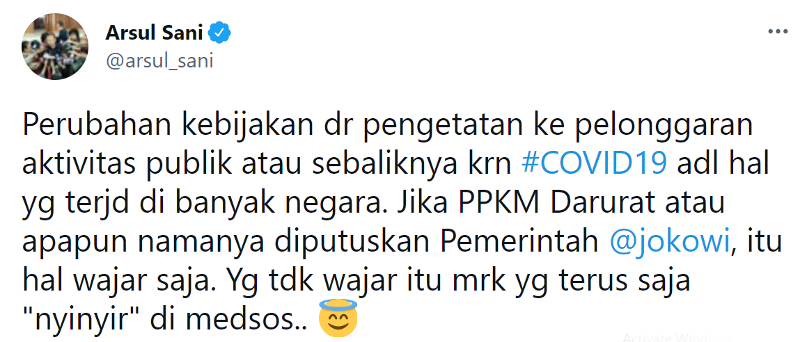 Wakil Ketua MPR RI, Arsul Sani menilai PPKM Darurat yang akan diputusakan pemerintah Jokowi sebagai suatu hal wajar.
