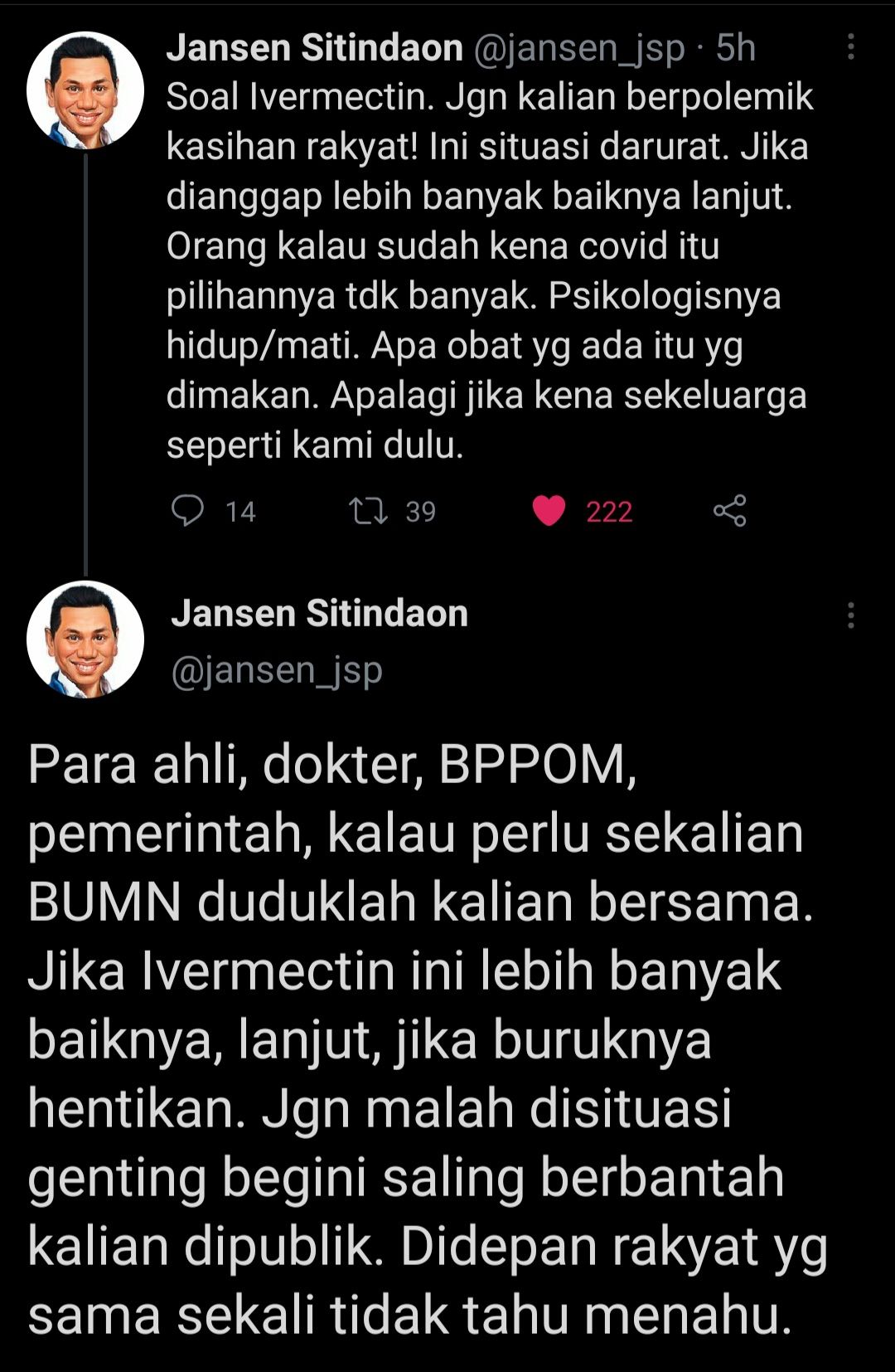 Cuitan politisi Partai Demokrat, Jansen Sitindaon.