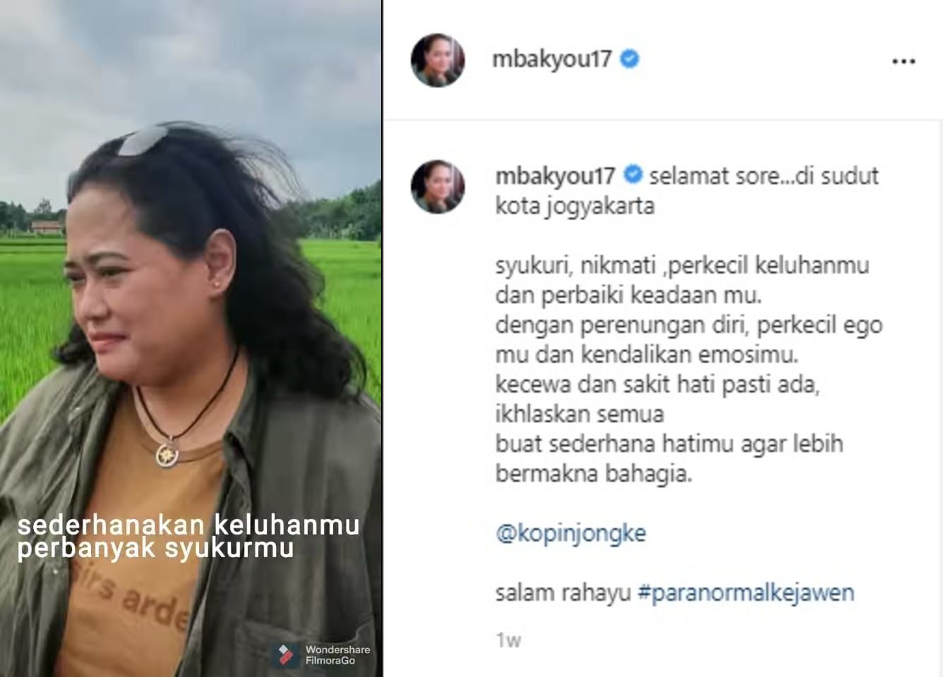 Mbak You, sosok paranormal kejawen Indonesia dikabarkan meninggal dunia pada Kamis, 1 Juli 2021. Ini unggahan terakhir dari Mbak You dalam akun Instagramnya