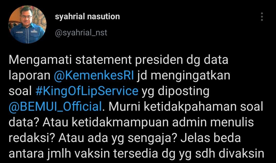 Syahrial Nasution menyoroti perbedaan data soal vaksinasi yang dipaparkan Jokowi dan yang tercatat di Kemenkes.