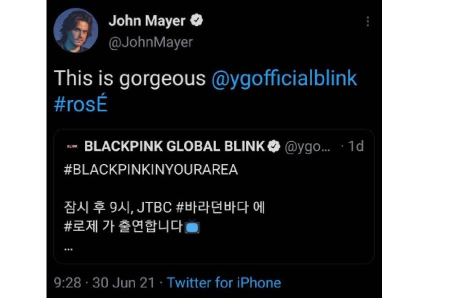 Tangkapan layar cuitan John Mayer yang memberikan pujian pada Rose BLACKPINK.