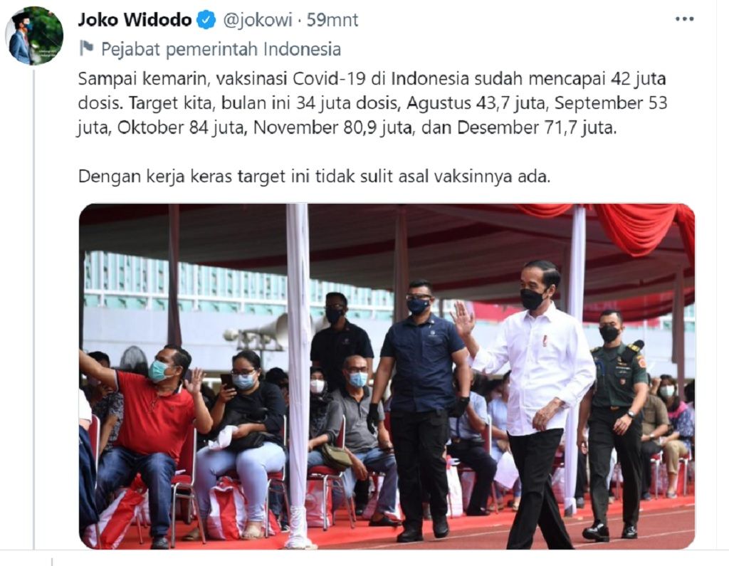 Presiden Jokowi Beberkan Target Vaksinasi Covid-19 hingga Desember 2021/Twitter.com/@jokowi