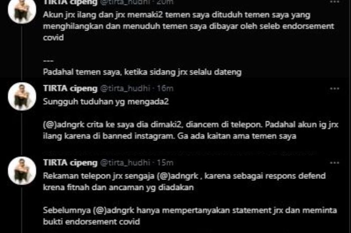 Unggahan milik dr. Tirta di Twitter soal temannya yang diancam Jerinx.