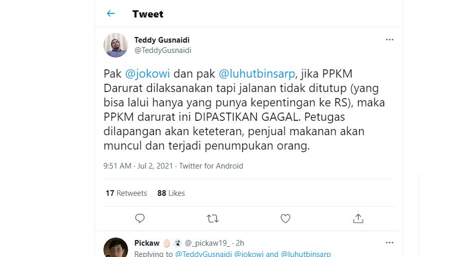 Teddy Gusnaidi selaku Mantan Dewan Ahli Partai Keadilan dan Persatuan Indonesia (PKPI), juga berbicara tentang pemberlakuan Pembatasan Darurat Kegiatan Masyarakat (PPKM) yang akan dilaksanakan oleh rakyat Indonesia atas perintah Presiden Joko Widodo.