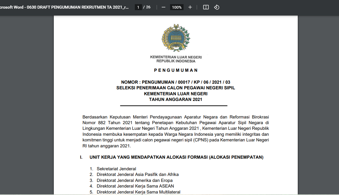 Link Download Formasi CPNS 2021 Kementerian Luar Negeri Kemenlu PDF ...