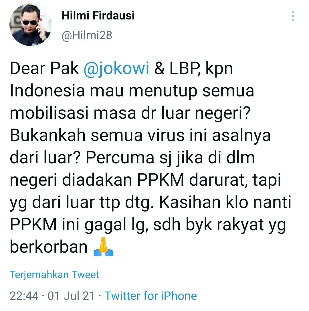 Tangkapan layar cuitan Hilmi Firdausi soal Jokowi yang resmi terapkan PPKM Darurat Jawa-Bali./