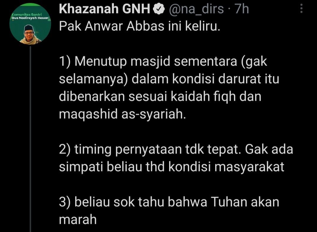 Tokoh NU, Gus Nadir sentil Wakil Ketua MUI, Anwar Abbas yang kritik masjid akan ditutup selama kebijakan PPKM Darurat di Jawa-Bali.