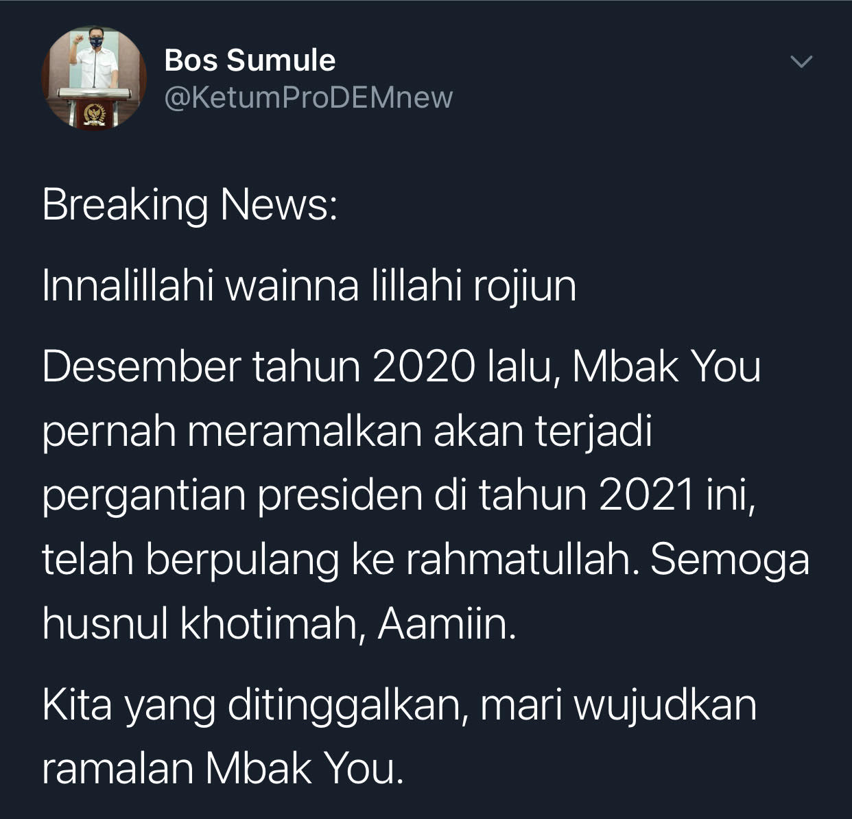 Iwan Sumule ajak masyarakat untuk mewujudkan ramalan Mbak You soal akan ada pergantian presiden pada tahun 2021.
