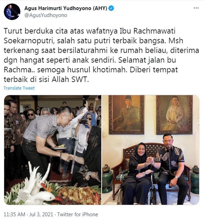 AHY Ucapkan Duka Cita untuk Rachmawati Soekarnoputri