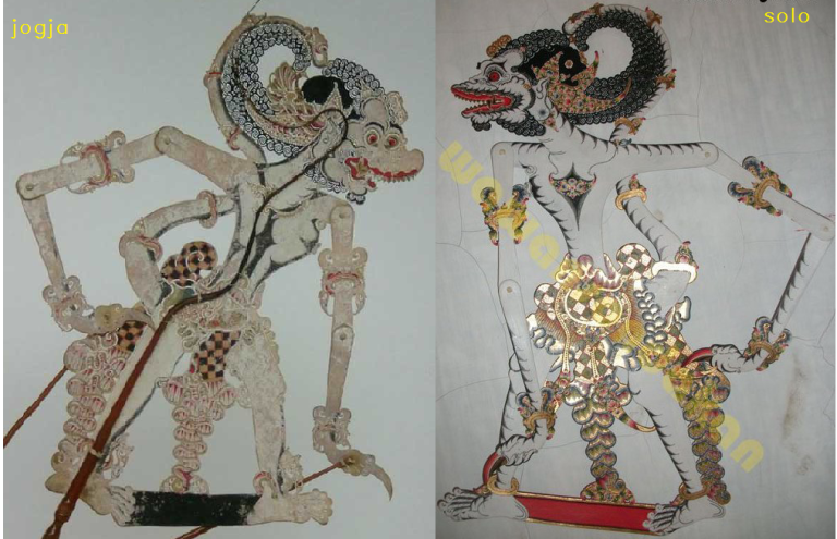 Anoman versi Jogyakarta (kanan) dan Surakarta (kiri) tubuhnya lebih menunduk dan matanya ada dua untuk versi Jogja