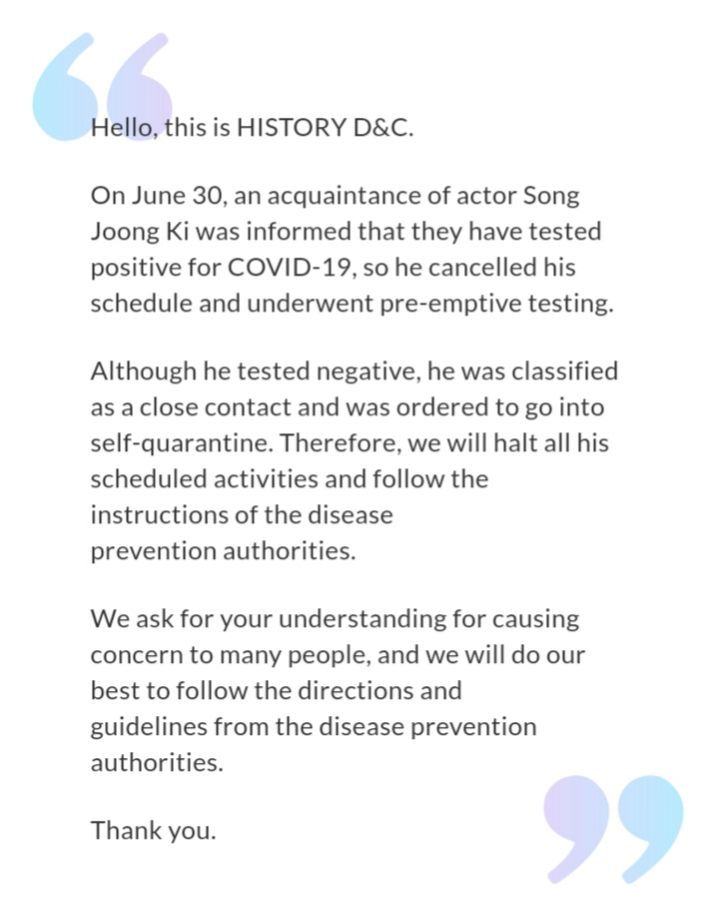 Pernyataan pihak Song Joong Ki terkait kondisi Song Joong Ki saat ini