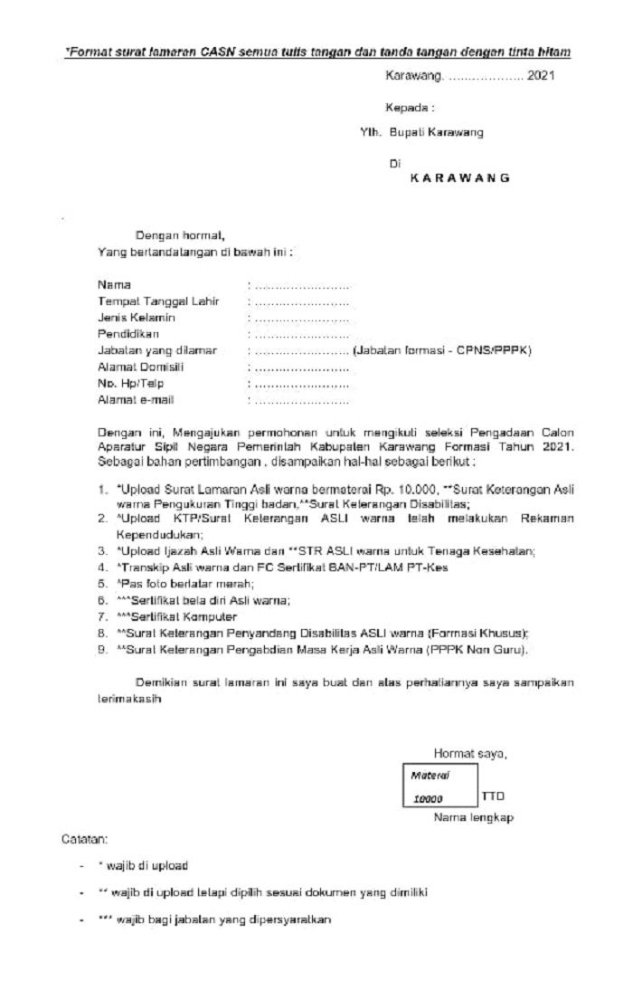 Format Surat Lamaran Dan Surat Pernyataan Cpns 2021 Dan Pppk Kabupaten Karawang Jurnal Garut