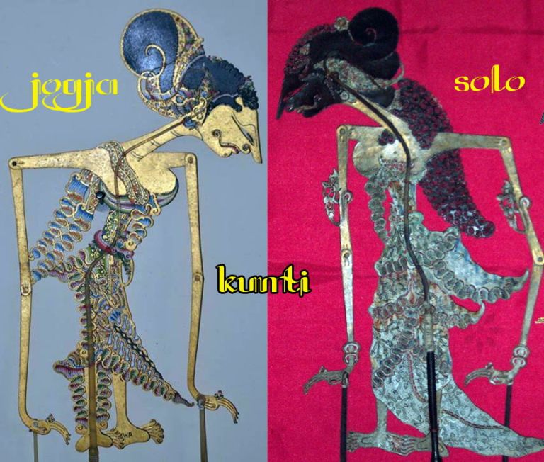Contoh wayang Kunti muda, Jogja (kiri) dan Surakarta (kanan) tubuh wayang putri versi Surakarta lebih tegak  ketimbang versi Jogja 