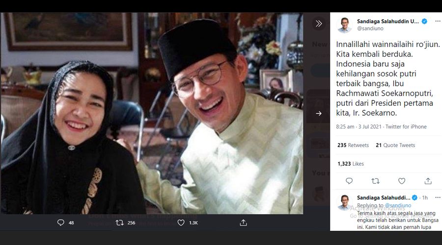 Dikabarkan bahwa salah satu putri Soekarno, Rachmawati Soekarnoputri meninggal dunia pada Sabtu 3 Juli 2021 sekitar pukul 06.45 WIB di Rumah Sakit Militer Gatot Subroto Jakarta.