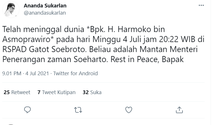 Kabar meninggalnya Harmoko, mantan menteri di era Presiden Soeharto.