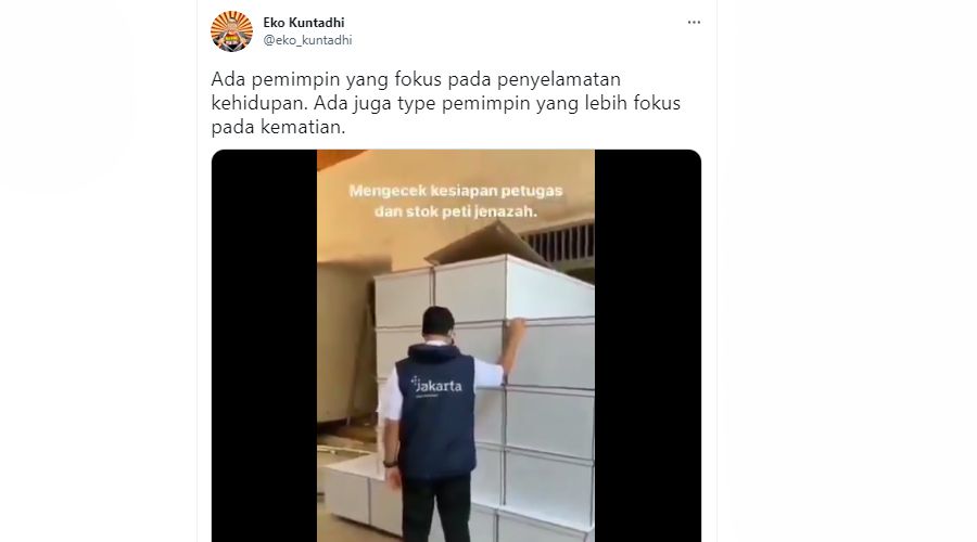 Aktivis media sosial Eko Kuntadhi mempertanyakan sikap Gubernur DKI Jakarta Anies Baswedan yang tidak fokus menyelamatkan warganya, namun tampak bersiap menghadapi kematian dan peti mati.