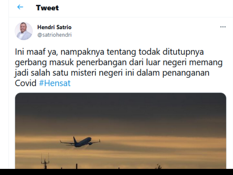 Tangkapan layar cuitan Hendri Satrio.