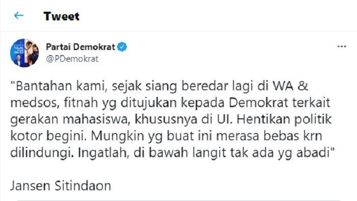 Partai Demokrat membantah disebut menjadi dalang di balik gerakan BEM UI yang mengkritik pemerintahan Jokowi.*