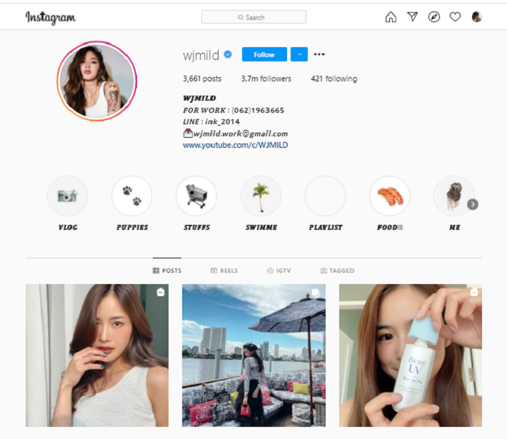 Akun Instagram Mild Lapassalan @wjmild yang berperan sebagai Noina di drama thailand 46 Days