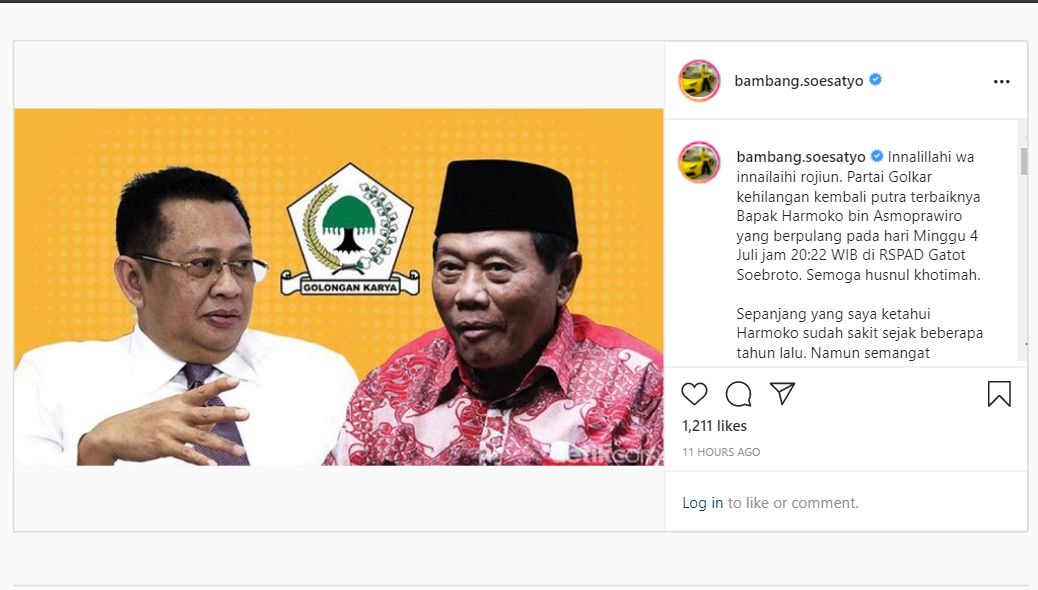 Bambang Soesatyo mengucapkan belasungkawa atas meninggalnya Menteri Penerangan era Presiden Soeharto, Harmoko pada Minggu, 4 Juli 2021.*