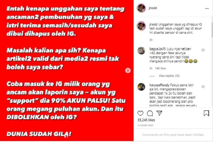 Jerinx SID mengaku geram usai beberapa unggahannya soal ancaman pembunuhan kepada dirinya dihapus oleh pihak Instagram.*
