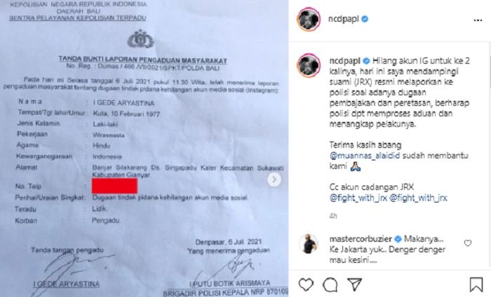 Nora Alexandra resmi mengajukan laporan ke Polda Bali usai akun Instagram sang suami, Jerinx SID hilang pada Senin, 5 Juli 2021.*