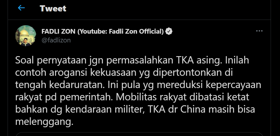Cuitan Fadli Zon menanggapi pertanyaan Luhut yang minta tak permasalahkan TKA China masuk ke Indonesia.*