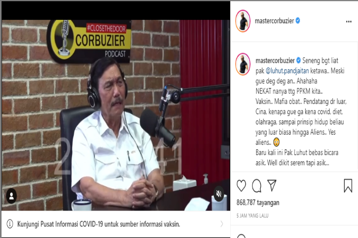 Kesan Deddy Corbuzier saat mengundang Menko Marves Luhut Binsar Pandjaitan dalam Podcast miliknya.