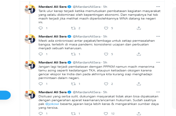Cuitan Mardani Ali Sera mengenai kebijakan PPKM.