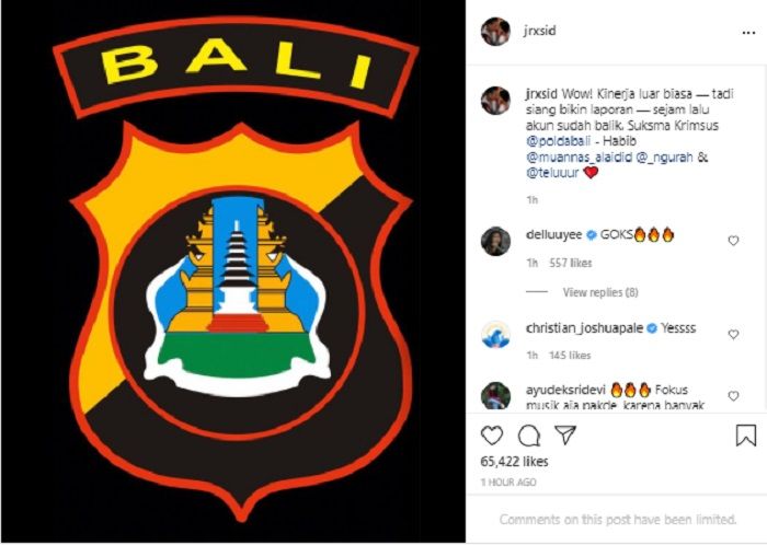 Jerinx SID memberikan pujian kepada Polda Bali yang cepat tanggap memproses laporan kehilangan akun Instagram pribadinya.*