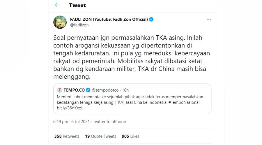 Fadli Zon Kritik ke Luhut Karena Perbolehkan TKA China Masuk Indonesia: Contoh Arogansi Kekuasaan
