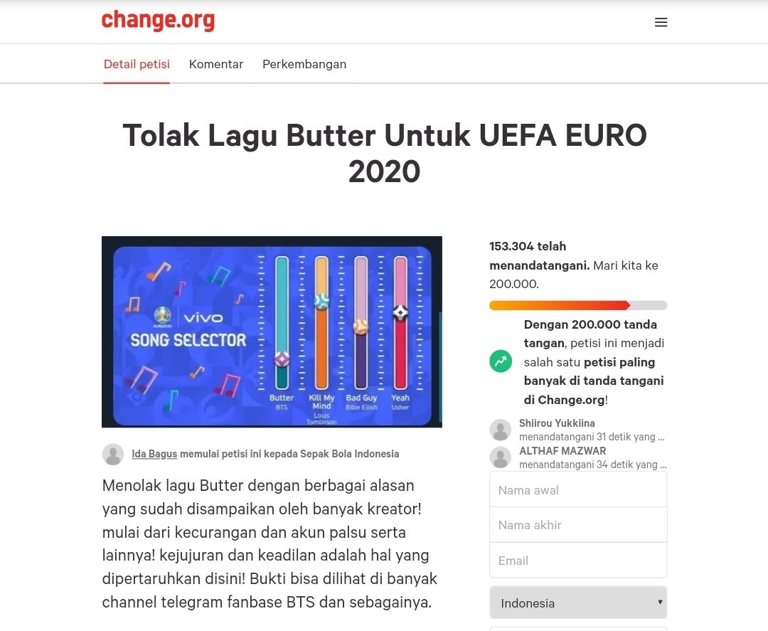 Tangkapan layar petisi tolak lagu Butter BTS diputar saat final Euro 2020 di Stadion Wembley