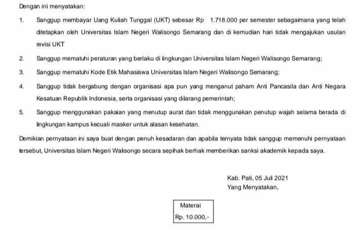 lampiran surat pernyataan oleh kampus UIN Walisong Semarang