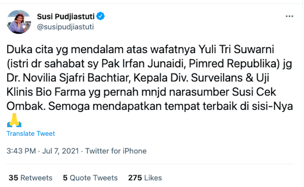 Tangkapan layar Twitter Susi Pudjiastuti yang menyampaikan kabar duka atas meninggal dua sahabtnya