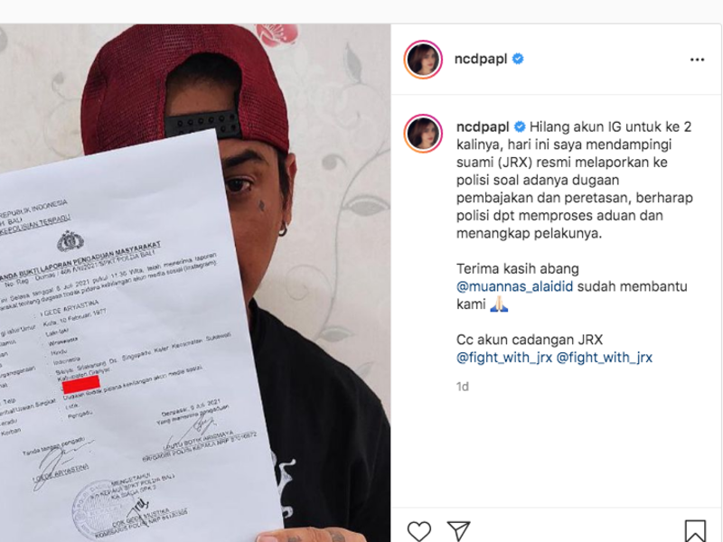 Drummer grup band Superman Is Dead, Jerinx  telah membuat laporan ke Polda Bali terkait hilangnya akun Instagram pribadinya yang diduga karena diretas seseorang, pada Selasa, 6 Juli 2021, pukul 11.30 Wita.