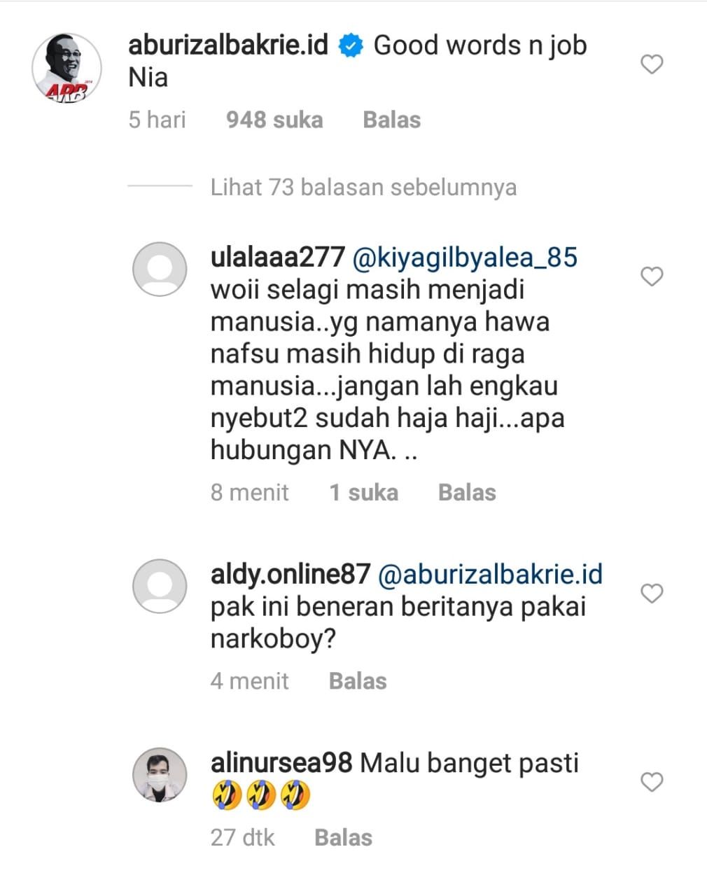 komentar Aburizal Bakrie di unggahan foto terakhir Nia Ramadhani.