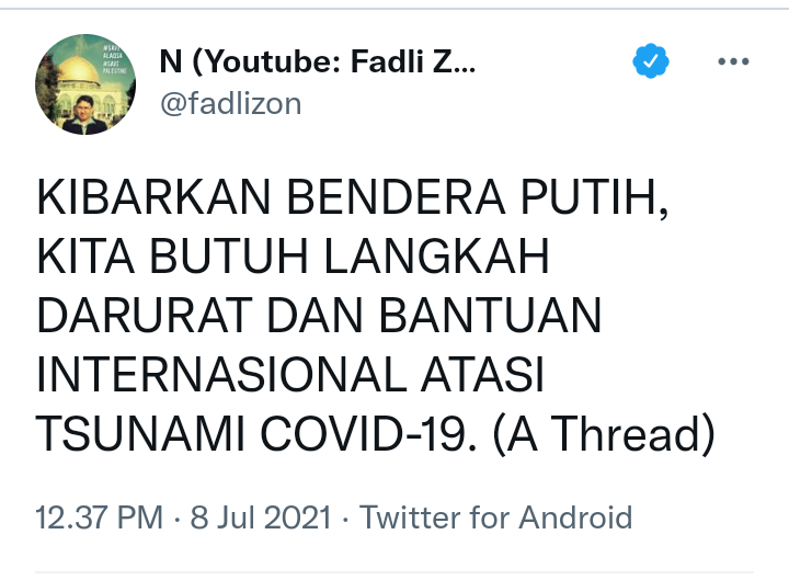 Politikus Gerindra Fadli Zon serukan bahaya Tsunami Corona melalui akun Twitternya