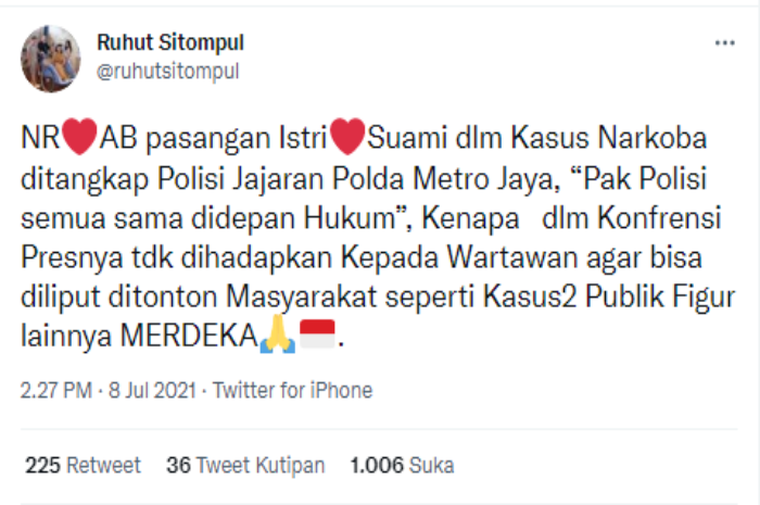 Cuitan Ruhut Sitompul terkait penangkapan Nia Ramadhani dan Ardi Bakrie terkait kasus narkoba.