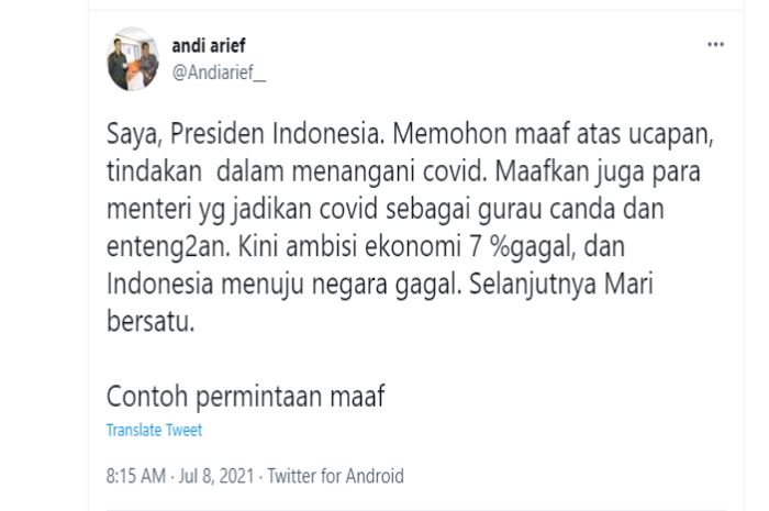 Cuitan Andi Arief yang memberikan contoh permintaan maaf untuk Presiden Jokowi.