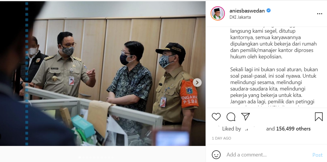 Anies Baswedan tengah melakukan sidak di kanor-kantor saat PPKM Darurat.*/Tangkap layar Instagram @aniesbaswedan