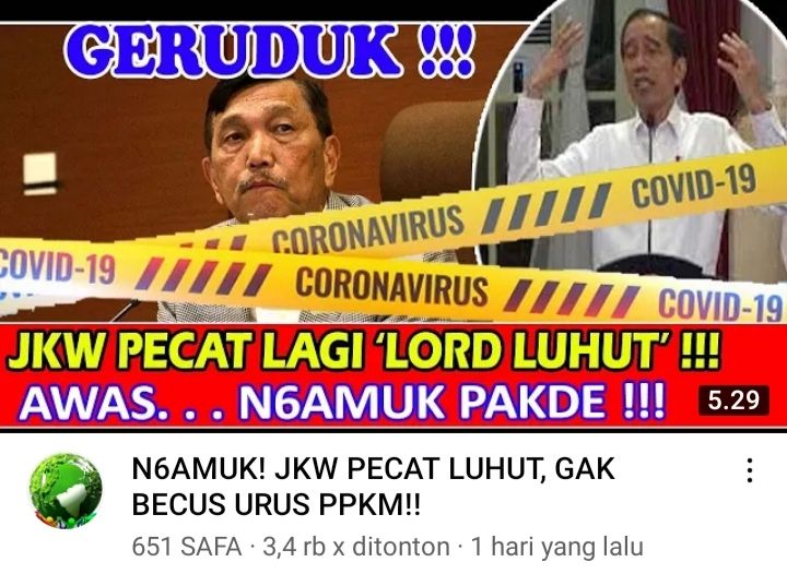 Tangkapan layar kabar yang menyebut Luhut Binsar Pandjaitan dipecat oleh Presiden Jokowi karena tak mampu tangani PPKM Darurat.