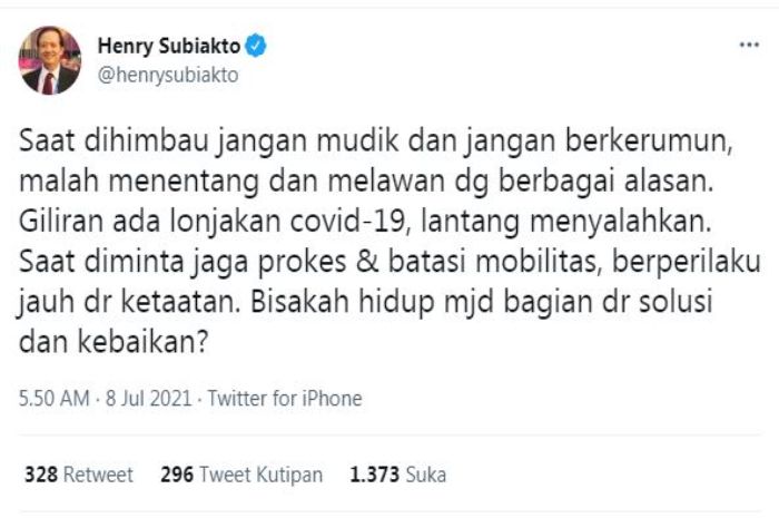 cuitan Henry Subiakto yang merasa prihatin atas lonjakan kasus Covid-19 di Indonesia.